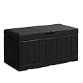 GUNJI 85 Gallon Deck Box Outdoor Waterproof Large Resin Storage Box Patio Lockable Storage Container Porch Storage Bench (Black)