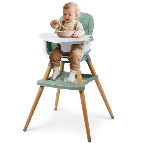 Kinder King 7 in 1 Baby High Chair for Babies and Toddlers with Large Storage Footrest Booster Seat Convertible Wooden High Chair with 3-Depth Double Dishwasher Safe Tray 5 Point Harness Green