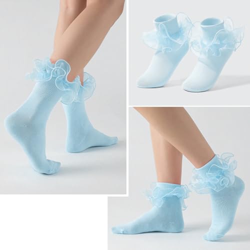 Image of Women Big Ruffle Ankle Socks Adult Double Lace Frilly Socks Fold Cuff Cotton Ruffled Dress Crew Bobby Bride Sock