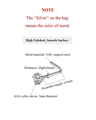FANSING Nose Studs for Women Men L Shaped Nose Rings Surgical Steel Nostril Piercing Jewelry with Cubic Zirconia End2