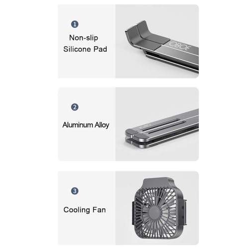 Image of OBOE Tabletop Aluminium Laptop Stand Six Level Adjustable Height with Cooling Fan Lightweight Portable Mini Laptop PC Tablet Holder Anti-Slip Design Mounting Bracket (Grey)