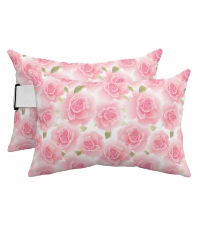 Anzona Pack of 2 Pink Spring Floral Lumbar Pillow Covers, Outdoor Waterproof Throw Pillow Covers Set, Elegant Summer Flowers Botanical Decorative Cushion Case for Patio Beach, 11x16 Inch