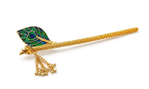 Image of Krishna Flute, Decorative Bansuri with Green Peacock Feather Pattern, Gold-Toned Metal for Laddu Gopal and Thakur Ji Idols