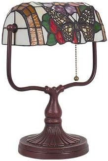 HT Tiffany Style Traditional Banker’s Desk Lamp, Butterfly Stained Glass Shade Cast Iron Base, for Living Room Bedroom Office