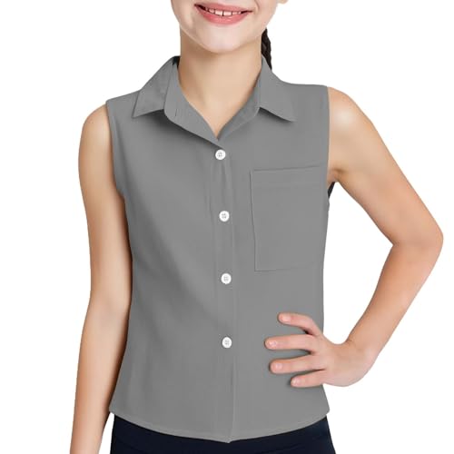 Girls Cotton Linen Vest Button Down Dress Shirts Tween Sleeveless School Uniform Shirts Collared Tops Plain Tank Tops
