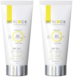 360 Block Sunscreen Gel SPF50 (50g) | Lightweight, Non-Greasy, No White Cast | Broad Spectrum UVA, UVB, Blue Light & IR Protection | Pollution Defense with BlueShield & Clair Blanche II PACK OF 2