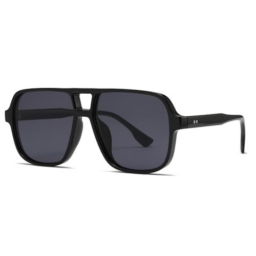 Long Keeper Retro Pilot Sonnenbrille Pilotenbrille Herren Damen Quadratisch Sonnenbrille Groß 70er Klassisch Eckige Pilot Retro Brille UV400 (Schwarz Rahmen - Dunkelgrau Linse)