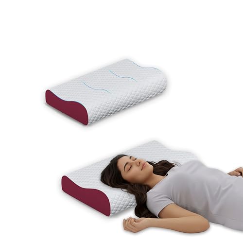 Image of Cervical Contour Pillow, Memory Foam Neck Support for Sleeping, Orthopedic Bed Cushion for Side Back Sleepers, Shoulder Relief, Maroon, 48 x 30 cm Size, Daily Sleep Support