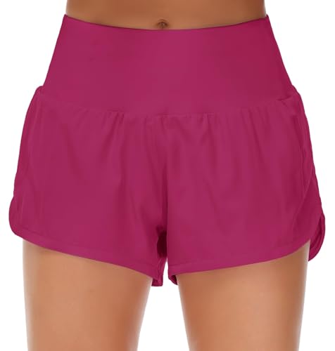 Origiwish Pantalones cortos de correr de cintura alta para mujer con forro de secado rápido y bolsillos con cremallera, Fucsia, S