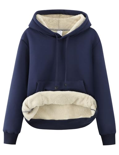 Gihuo Women's Winter Warm Hoodie Sherpa Fleece Lined Pullover Hoodie Hooded Sweatshirt Heavyweight Casual Tops (02Navy-L)