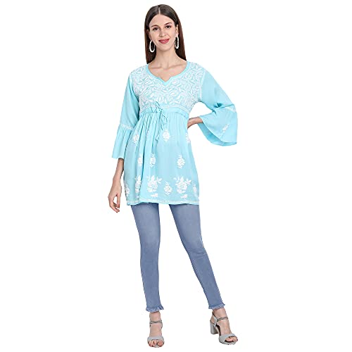 Image of indiankala4u Lucknow Chikankari Hand Embroidered Fit and Flared Top, Short Kurti for Women, Modal Cotton