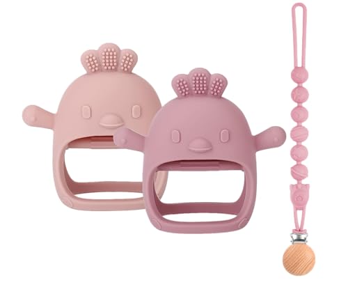 Image of 3 Packs Baby Teether Toy for 0-6 6-12 Months,Hold & Wear,BPA Free,Food Grade Silicone Teething Mitten, Anti Dropping Wrist Hand Teethers Baby Chew Toys for Sucking Needs(Pink & Dark Pink)
