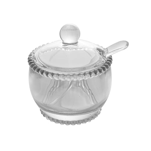 WOLFF Azucarero con cuentas de cristal perlado con tapa y cuchara, soporte para azúcar, plato para dispensador de caramelos, tarro de gelatina, cristalería de lujo, accesorios de cena, juego de