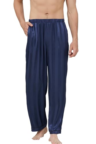 Cromoncent Men's Satin Silky Pajama Pants - Pocketed Soft Cozy Lounge Sleepwear with Elastic Waist,Jacquard Navy,Small4