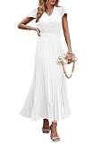 PRETTYGARDEN Women's Summer Maxi Dresses 2025 Trendy Casual Button V Neck Ruffle Cap Sleeve Long Flowy Pleated Dress (White,Small)