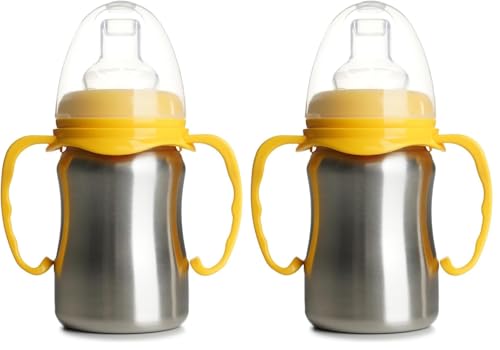 THERMOBABY - Tasse En Inox Bébé Avec Anses Et Tétine Silicone - Anti-Fuites - 180 ml - Facile À Nettoyer - Durable - Idéale Pour L’Autonomie De Bébé - Jaune...