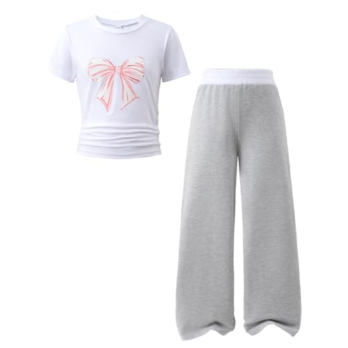 Xdgsya Tween Girls Pink Bow Graphic Short Sleeve T-Shirt Top+Wide Leg Pants 2 Piece Outfit Set Size 9-15Years Size 15 16