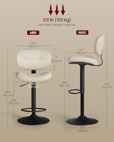 Image of VASAGLE Bar Stools Set of 4, Height Adjustable Kitchen Barstools, Swivel Bar Chairs with Back and Footrest, Quilt PU Leather Surface, Dining Room, Counter, Steel, Cream White ULJB150W101S-2J