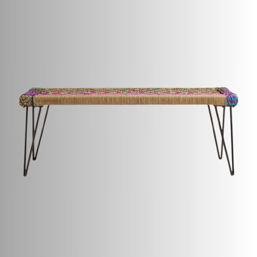 Image of Noora Metal Bench for Seating with Sturdy Iron Legs | Stylish Bench for Living Room, Balcony & Garden | Traditional Patio for Outdoor and Indoor with Chindi and Jute Rope | Multicolored