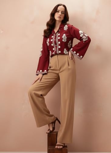 Image of Bee M Pee Designer Women's Embroidered Korean Crop Shirt | Full Bell Sleeves Western Tops for Woman Stylish | Oversized Formal /Casual /Office Wear Cotton Shirts Top for Women
