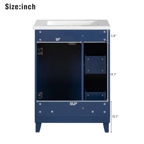 Image of 24 Inch Bathroom Vanity with Ceramic Sink, Freestanding Vanity Cabinet with 2 Drawers and 1 Door (Blue)