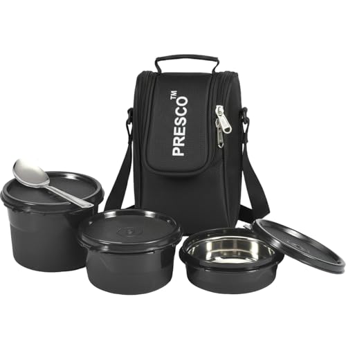 Image of PRESCO Insulated Lunch Box Set (3 Microwave Safe Inner Steel Containers,600 /450 /290ml; with Steel Spoon) with Insulated Fabric Bag, Lunch Box for Office Use, Leak Proof, Tiffin Box for Men
