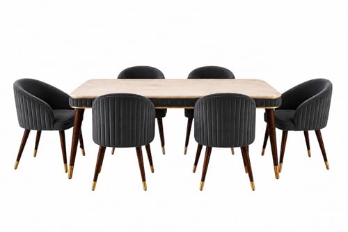 Image of WOODEN SPACE 6-Seater Wooden Dining Table Set | Nano Composite Marble Top | Solid Wood Base | Modern Dining Room Furniture with 6 Chairs (Dark Grey)