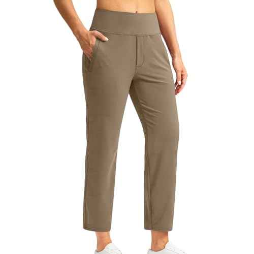 Bauzuoyo Pantalones 7/8 para mujer, verano, negocios, pierna recta, cintura elástica, pantalones de yoga con bolsillos, informales, cómodos, elásticos, de cintura alta, informales, rectos, de tela