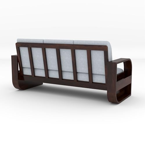 Image of Solid Sheesham Wooden 3 Seater Sofa Set with Grey Cushion for Living Room Furniture - Walnut Finish