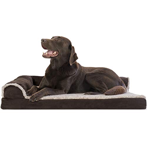 Furhaven Pet Dog Bed - Deluxe Orthopedic Two-Tone Plush and Suede L Shaped Chaise Lounge Living Room Corner Couch Pet Bed with Removable Cover for Dogs and Cats, Espresso, Large