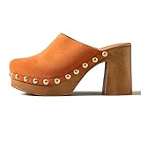 KISSASA Women Platform Clogs Studded Mules High Heel Cork Slip On Block Round Closed Toe Orange Sandals Party Wedding Dress Shoes Orange Size 7.5