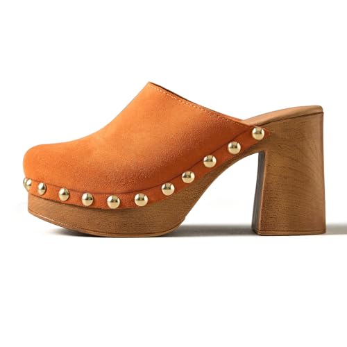 KISSASA Women Platform Clogs Studded Mules High Heel Cork Slip On Block Round Closed Toe Orange Sandals Party Wedding Dress Shoes Orange Size 7.5