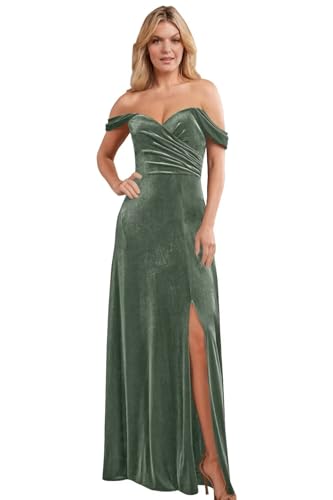 Cudiew Off Shoulder Velvet Bridesmaid Dress for Women Pleated Maxi Long Wedding Guest Gown with Slit