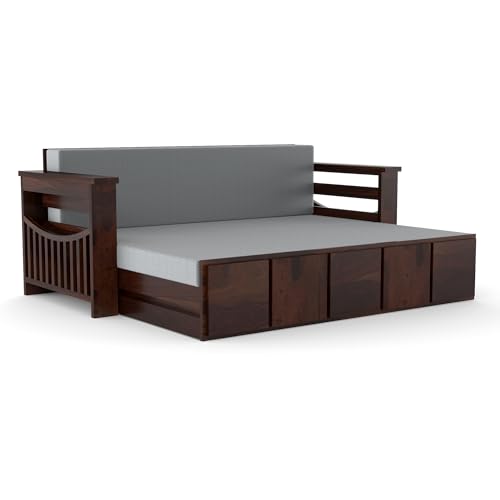 Image of Kunjal Furniture Solid Sheesham Wood Sofa Cum Bed with Storage for Living Room | Natural Finish | 3-Seater Convertible Sofa Bed | Handmade Wooden Furniture (Walnut, Contemporary)