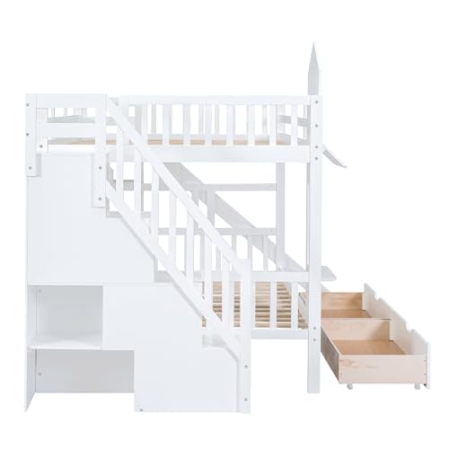 Aiuyesuo Castle Style Full-Over-Full Bunk Bed with 2 Drawers and 3 Shelves, Solid Wood Bunk Beds with Slide and Storage Staircase, Playhouse Low Bunk Bed for Kids Teens Boys Girls (White-O273)