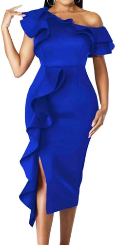 Image of Dresses for Women Elegant Long Sleeves Ruffles Pencil Knee Length Split Business Dress with Belt Zipper