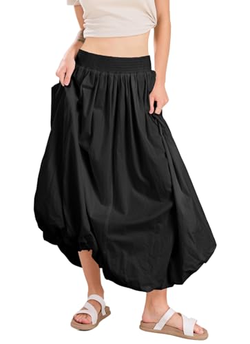 chouyatou Women's Summer Y2k Bubble Maxi Long Skirt Puffy Ruffle High Waist A-Line Smocked Skirt