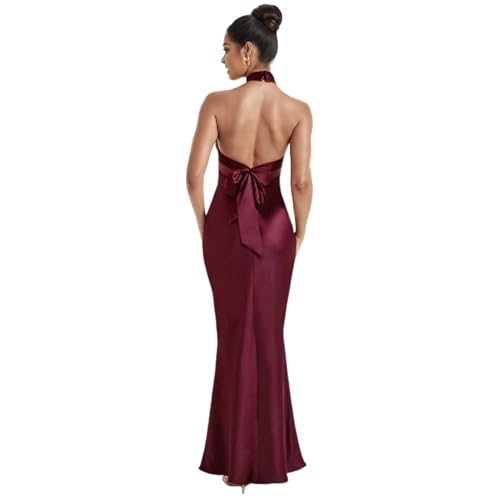 RARITYUS Damen Elegant Satin Schleife Maxikleid Sexy Neckholder Rückenfrei Bodycon Hochzeit Gäste Kleid Flowy Cocktailkleider, Burgunder, Klein