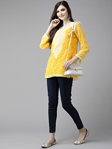 Image of Ada Women's Georgette Regular Fit Chikankari Hand Embroidered Lucknowi Short Top Kurti with Slip A211683