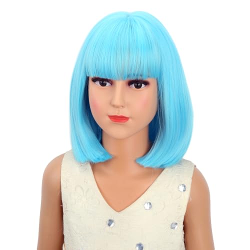 Image of Kids Blue Wig with Bangs Light Blue Bob Child Wig Short Sky Blue Wigs for Girls Daily Halloween Cosplay Wigs