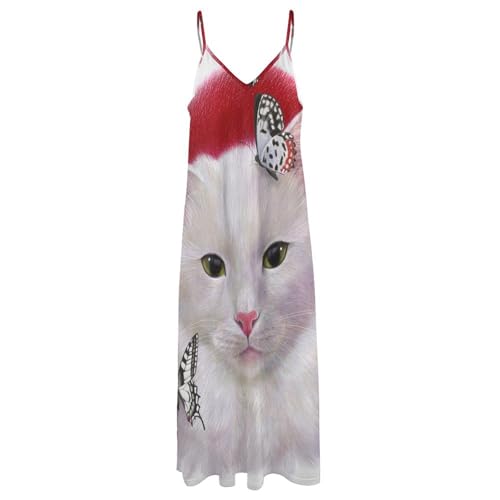 Robe maxi pour voyages plage imprimé chat blanc papillon été sans manches - 3