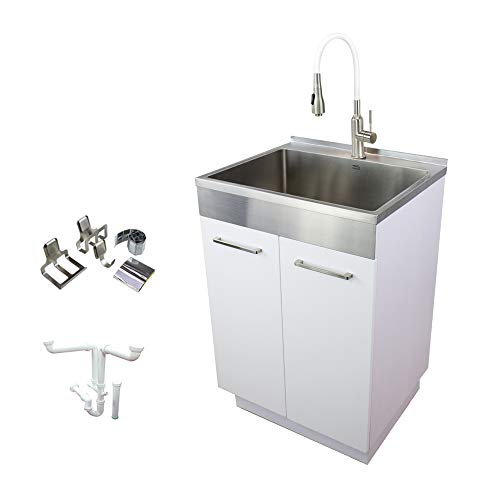 Image of Transolid 18-Gauge Stainless Steel Laundry Sink with Pre-Assembled Shaker Apron-Front Cabinet, High-Arc Faucet, Magnetic Kit, and Drain Kit, 24 x 20 x 34.6 in in White, TCAM-2420-WS