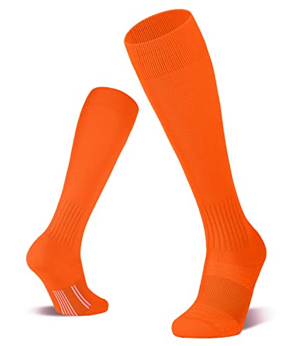 FITRELL 2/3 Pack Soccer Socks Baseball Softball For Youth Kids Boys Girls, Over-The-Calf Football Socks for Adult Men Women,Orange,Large