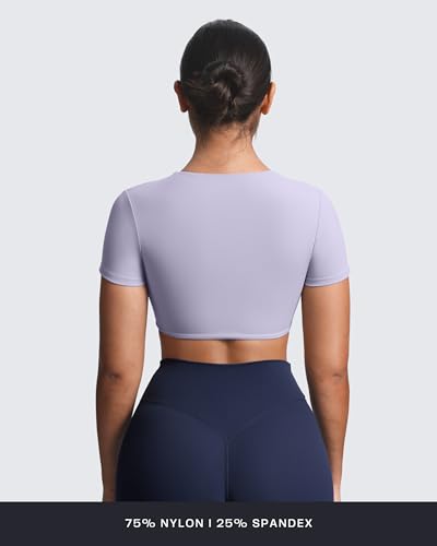 Image of Aoxjox Short Sleeve Crop Tops for Women Sienna Twist Deep V Workout Cropped T Shirt Top (Purple Heather, Small)