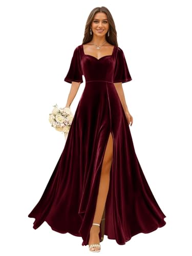 Fukbdz Burgundy Maxi Bridesmaid Dress with Sleeves...
