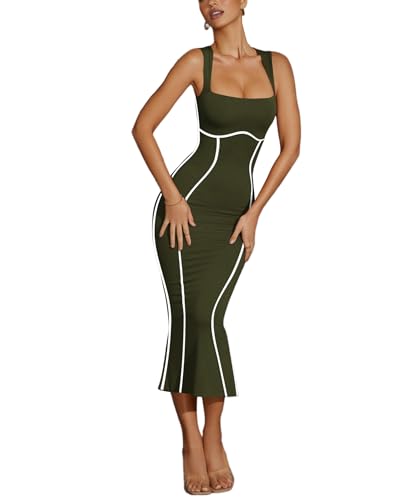 Image of MAYFASEY Women's Summer Sleeveless Square Neck Contrast Binding Cocktail Party Bodycon Midi Dress Back Slit Maxi Dress