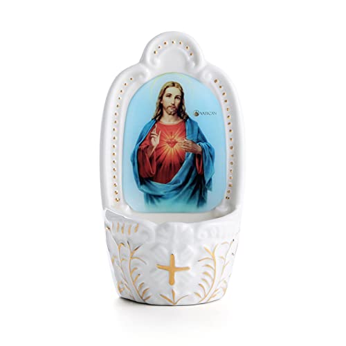 KOMI Porcelain Catholic Holy Water Font Sacred Heart of Jesus Holy Water Fonts for Entrance of Home Church Wall Hanging Decor Great Gift for First Communion Confirmation Housewarming