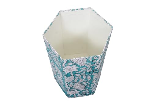 Image of 3.3 Gallon Cotton Hand Block Printed Paper Waste Basket |Small Decorative Trash Can for Housewarming Gifts in Living Room, Bedroom, Bathroom | Eco-Friendly, Plastic-Free (1, L, Green White MOR)