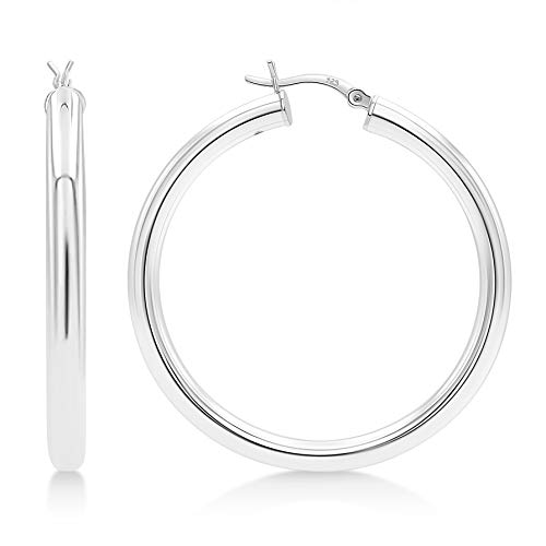KEZEF Sterling Silver Hoop Earrings | 4mm High Polished Silver Hoops for Women - Lightweight Jewelry Earring | 25mm - 45mm Diameter Chunky Hoop Earrings