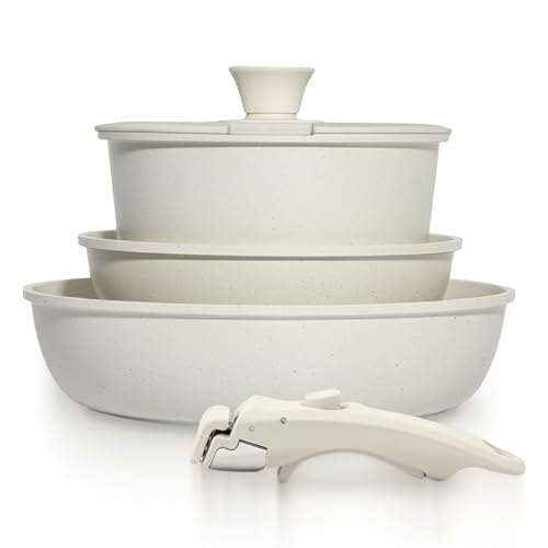 GOURMETIFIC Pots and Pans Cookware Set [5 PIECES] - Non Toxic Ceramic Coated Cooking Ware - Induction Gas & Oven Kitchenware - Non Stick Pot & Pan with Removable Handles & Stackable (Cream)